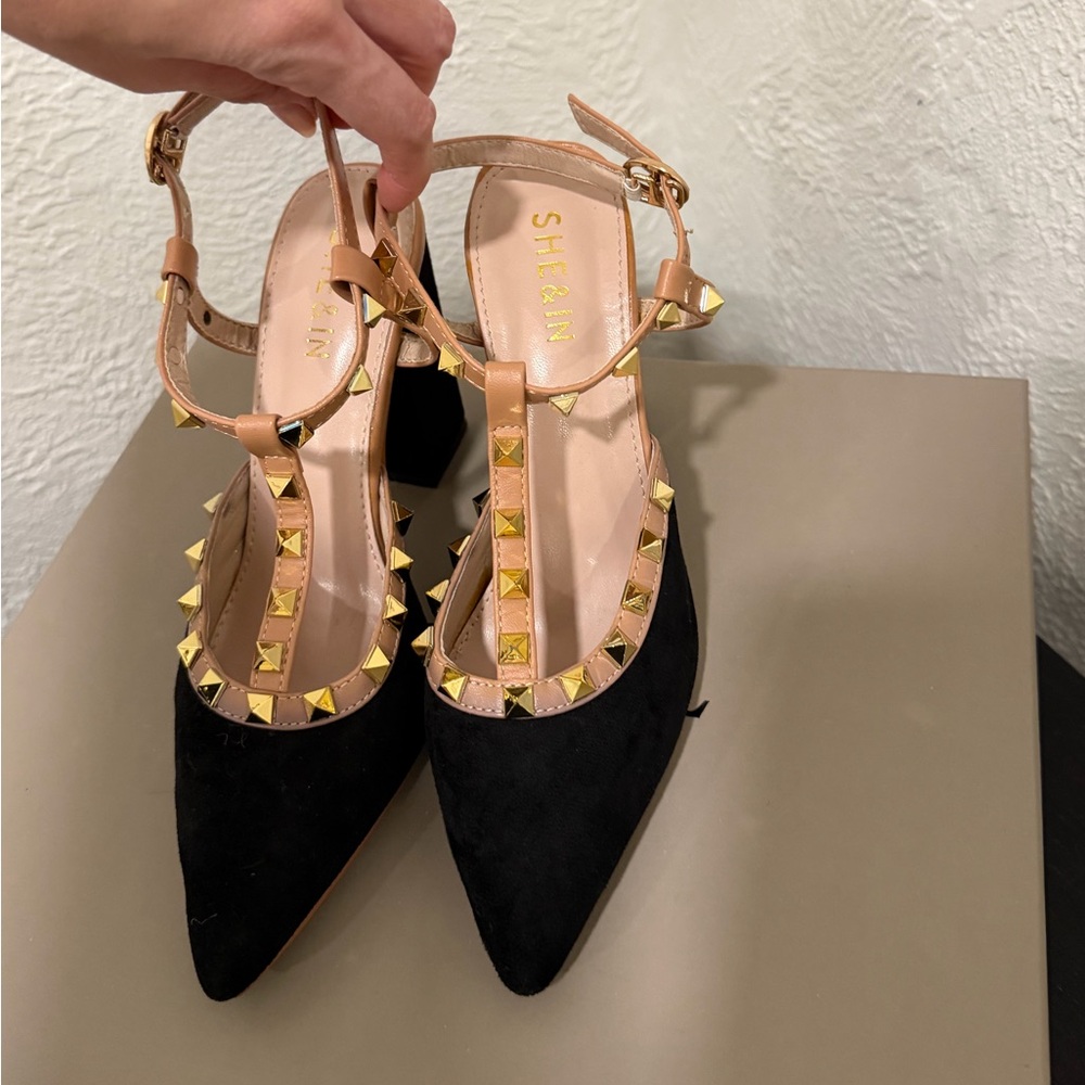 SHEIN Black Heels with Gold Studs